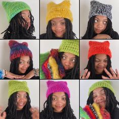 a woman with dreadlocks making nine different pictures in front of her face and the same hat on her head