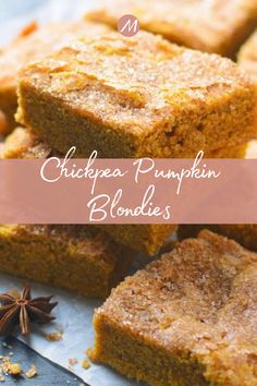 chickenpea pumpkin blondies are stacked on top of each other with an orange star