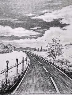 a black and white drawing of a country road