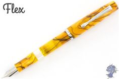 a yellow and white fountain pen on a white background with the words flex written below it