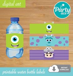 printable water bottle labels with monsters on them