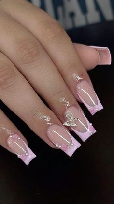 French Bday Nails, Short Nail Designs Diamonds, Short Acyrilics Nails, Cute Nails With Gems, Hoco Nails Pink, 25 Birthday Nails, Nails With Butterfly Charms, Nail Inspo Medium Length, Nail Inspo With Gems