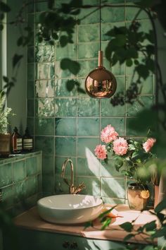 Airy mid century modern bathroom with skylight and floating shelves Bathroom With Green Vanity, Mid Century Modern Bathroom Decor, Funky Bathroom, Bathroom Aesthetics, Modern Bathroom Mirrors, Green Vanity, Modern Bathroom Tile, Mid Century Modern Bathroom, Modern Style Bathroom