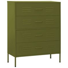 a green filing cabinet with four drawers on each side and one door open to reveal the bottom drawer