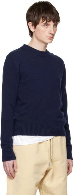 AMI Paris.Navy Ami de Cœur Sweater.Knit virgin wool sweater..· Rib knit crewneck, hem, and cuffs.· Logo embroidered at chest.Supplier color: Nautic blue.100% virgin wool..Made in Italy..231482M201013 Ami Paris, Knit Crewneck, Sweaters Knitwear, Sweater Knit, Wool Sweater, Logo Embroidered, Wool Sweaters, Men's Clothing, Rib Knit