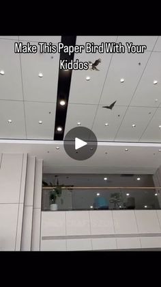 a bird is flying in the air above a room with white walls and ceiling tiles