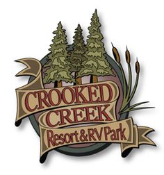 the crooked creek resort and rv park logo with trees in the background on a white background