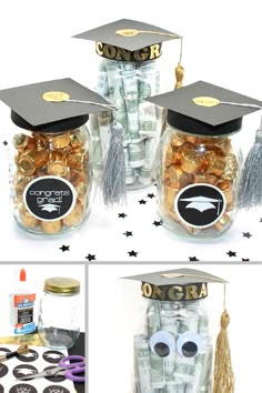 graduation cap and tassels in mason jars with money inside the jar to make them look like they are going to graduate