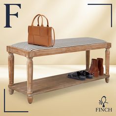 a bench with shoes and handbag on it next to a f sign that says finch