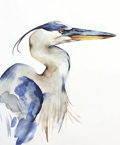 a watercolor painting of a blue heron