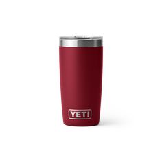 a red yeti cup with the word yeti on it