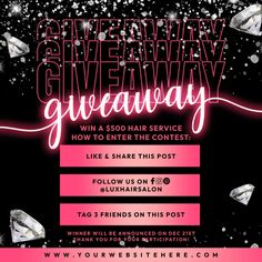 the giveaway flyer for an event with pink and black background, diamonds on it