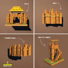 four different views of a castle made out of legos and wood blocks, with instructions on how to build it