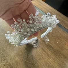 Beautifully Handmade Tiara Bought From Russia And Worn Once For A Wedding. Comes In Original Box. Silver Wedding Crown With Pinched Shape, Silver Crystal Wedding Crown, Silver Wedding Crown With Rhinestones, Luxury Silver Crown Headpiece, Pearl And Crystal Tiara, Handmade Tiaras, Pearl Tiara, Tiaras And Crowns, Crystal Pearls