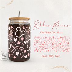 a mason jar with hearts and bows on it is next to a sticker that says, robin monroe can glass cup 16oz