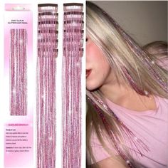 Questions? Leave A Comment Below! Pink Tinsel Hair, Tinsel Hair Extensions, Tinsel Hair, Pink Club, Glitter Highlight, Hair Glitter, Hair Tinsel, Wedding Halloween, Fairy Hair