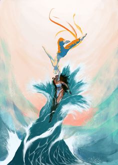 a painting of two people on surfboards in the ocean