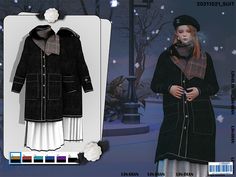 an image of a woman's coat and dress in the snow with color swatches