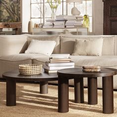 a living room filled with lots of furniture and books on top of a coffee table