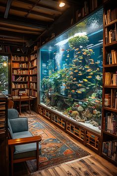 an aquarium in a library filled with lots of books