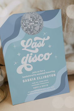 Blue Retro Last Disco Bachelorette Party Invitation Mamma Mia Karaoke Party, Disco And Denim Party, Abba Themed Bachelorette Party, Bachelorette Party Themes Disco, Retro Disco Party Decor