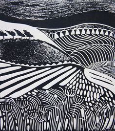 a black and white drawing of an abstract landscape with hills, trees, and lines