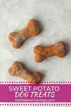 three dog treats on a table with the words sweet potato dog treats written below them