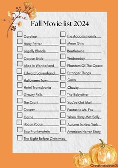 the fall movie list with pumpkins on it