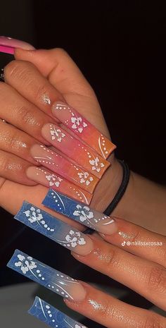 Blue Habisquis Flower Nails, Tropical Nails Long, Blue Nail Inspo Summer, Habisquis Flower Nail, Hawaiian Nails Designs, Hawaiian Flower Nails Acrylic, Boujie Nails, Hibiscus Flower Nails, Long French Tip Nails