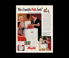 an old advertisement for refrigerators from the 1950's, featuring women in aprons