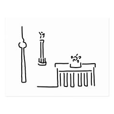 a black and white drawing of a table with a candle on it next to a chair