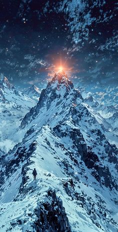 a man standing on top of a snow covered mountain under a sky filled with stars