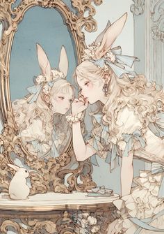 two girls with bunny ears are looking at their reflection in a mirror and one girl is holding her hand to her chin