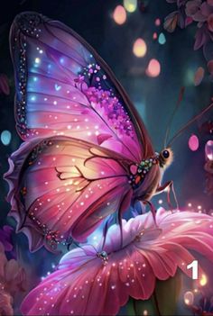 a pink butterfly sitting on top of a flower next to a blue and purple background