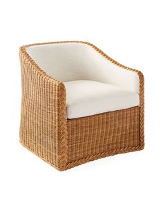 a wicker chair with a white cushion