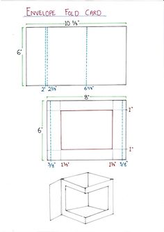 a drawing of an envelope fold card with measurements for the front and back side panels