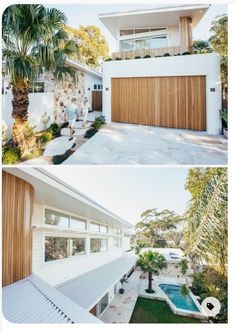 two photos side by side of a modern house