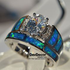 35# Size (5/6/7/8/9/10) Ring With Blue Lab Created Australian Opal Bridal Set. Starting at $1 Sterling Silver Wedding Rings Sets, Blue Opal Jewelry, Silver Rings For Women, Sterling Silver Wedding Rings, Zircon Jewelry, Trendy Ring, Jewelry Wedding Rings, Sapphire Jewelry, White Sapphire