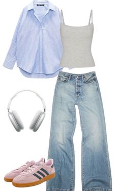 an outfit with headphones, jeans and sneakers