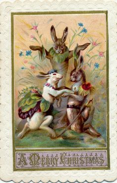 an old fashioned christmas card with rabbits on it