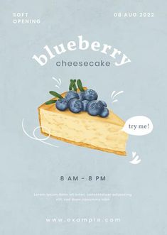 a blueberry cheesecake advertisement on a light blue background