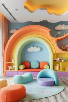 this is a colorful children's room with clouds and rainbow colors