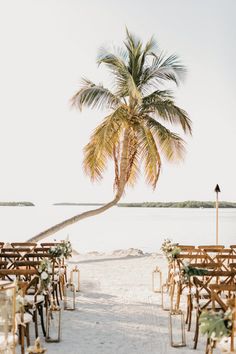 an empty beach with chairs and tables set up under a palm tree on the sand