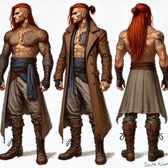 three different poses of a man with red hair and tattoos on his chest, wearing boots