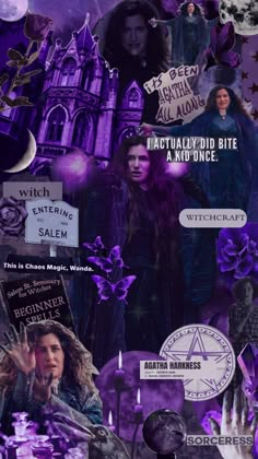 the collage is made up of many different things in purple and black colors, including an image of a woman with long hair