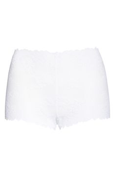 Scalloped edges further the delicate look of stretchy lace boyshorts that disappear effortlessly under clothes. Cotton-lined gusset 85% nylon, 15% elastane Hand wash, line dry Imported Stretch Bottoms With Delicate Lace In Short Length, Lace Daywear Shorts, White Stretch Short Length Boxer Briefs, Stretch Short Length White Boxer Briefs, White Stretch Boxer Briefs, Elegant Stretch Shorts, Fitted White Boxer Briefs With Short Leg, White Fitted Boxer Briefs With Short Leg, Fitted White Boxer Briefs Short Leg