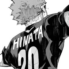 a black and white drawing of a man with his hair blowing in the wind, wearing a uniform that reads hinata 20