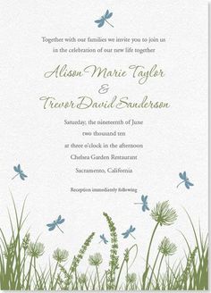 a wedding card with green grass and blue butterflies on the front, in white paper