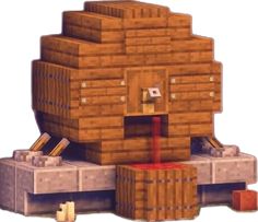 an image of a wooden building made out of blocks and bricks with a red substance coming out of it