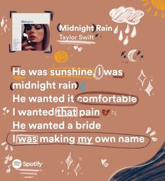 a woman's face with the words midnight rain and taylor swift above her head